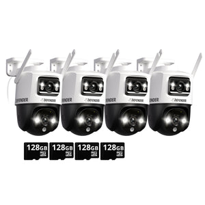 EXCLUSIVE BUNDLE: AI POWERED Guard Pro 3K PLUS Dual Lens PTZ, 128GB SD Card, 2 Year Warranty, 4 Pack