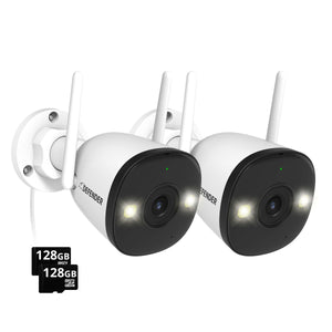 EXCLUSIVE BUNDLE: AI POWERED 4K Guard Pro Wi-Fi 6 Plug-in Security Camera with 128GB SD Card, 2 Pack