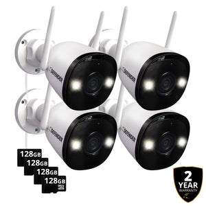 EXCLUSIVE BUNDLE: AI POWERED 4K Guard Pro Wi-Fi 6 Plug-in Security Camera with 128GB SD Card, 4 Pack