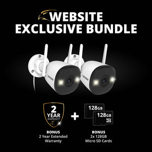 EXCLUSIVE BUNDLE: AI POWERED 4K Guard Pro Wi-Fi 6 Plug-in Security Camera with 128GB SD Card, 2 Pack