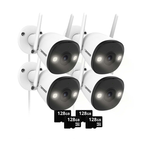 EXCLUSIVE BUNDLE: Guard Pro 2K WiFi. Plug-In Power Security Camera, 4 Pack, 4 128GB SD Cards