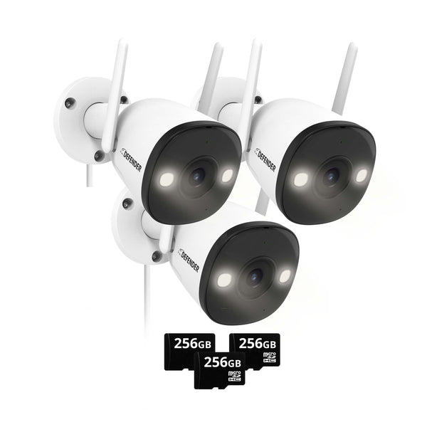 EXCLUSIVE BUNDLE: Guard Pro 2K WiFi. Plug-In Power Security Camera, 3 Pack. 3 256GB SD Cards