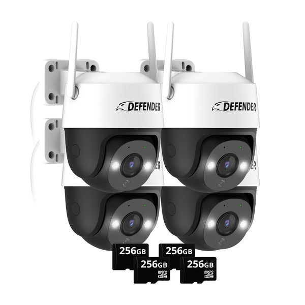 EXCLUSIVE BUNDLE: Guard Pro PTZ 2K Wi-Fi. Plug-In Power Security Camera, 4 Pack. 4 256GB SD Cards