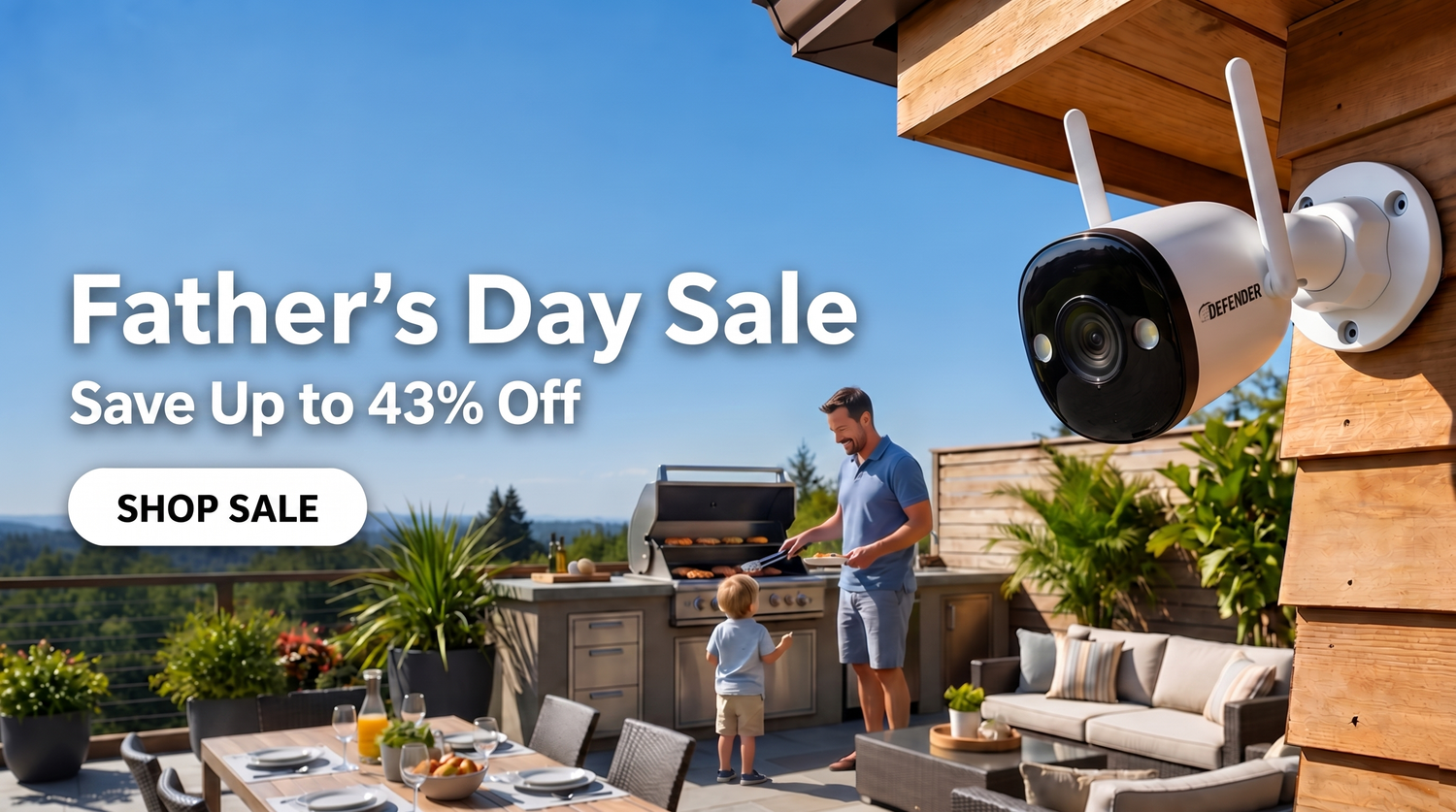 Father's Day Sale - Save Up to 43% Off - desktop hero (dad grilling, Defender camera)