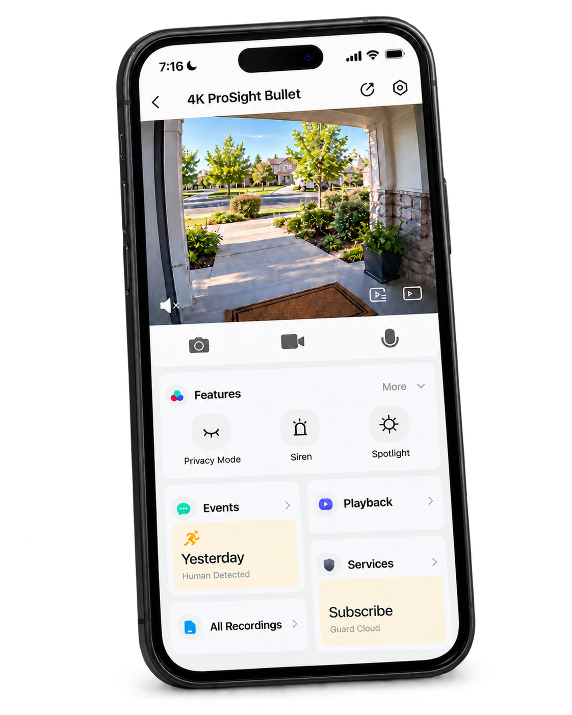Defender Guard app on a realistic smartphone showing a live front-porch view
