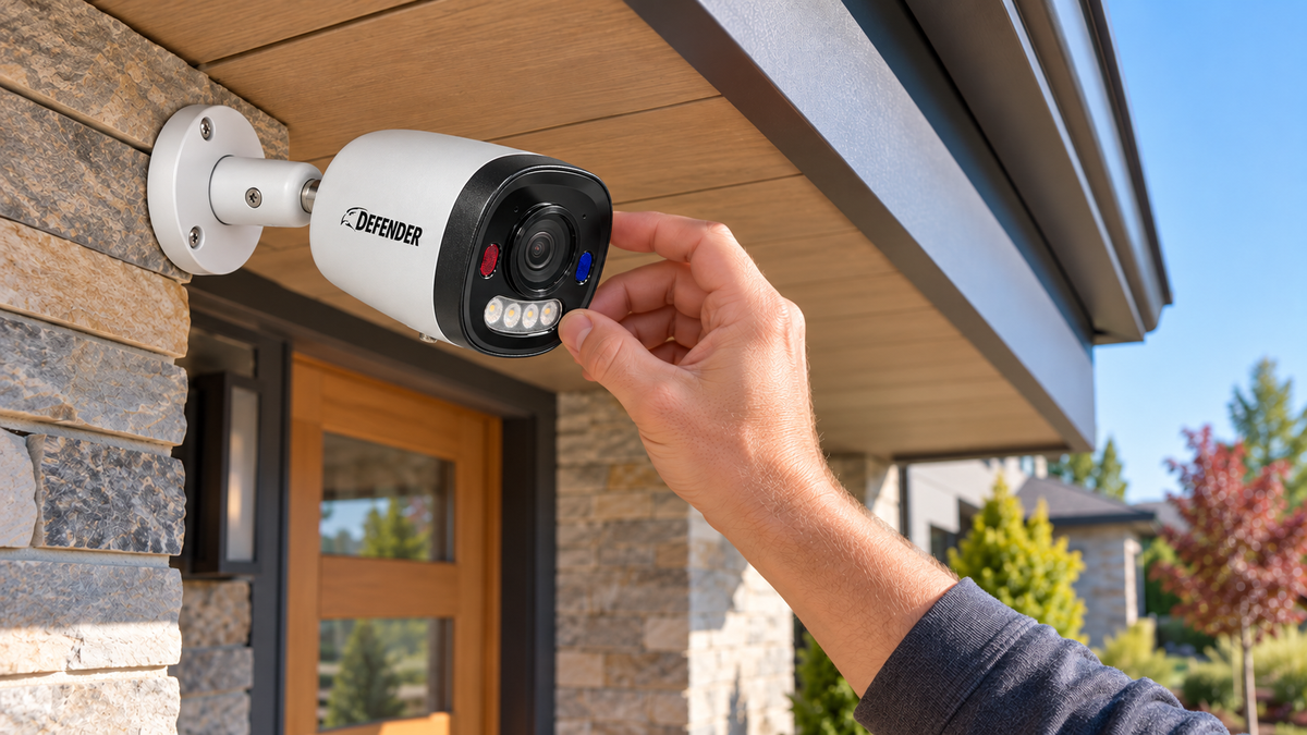 Photograph of a flush-mounted ProSight bullet camera being aimed under a soffit