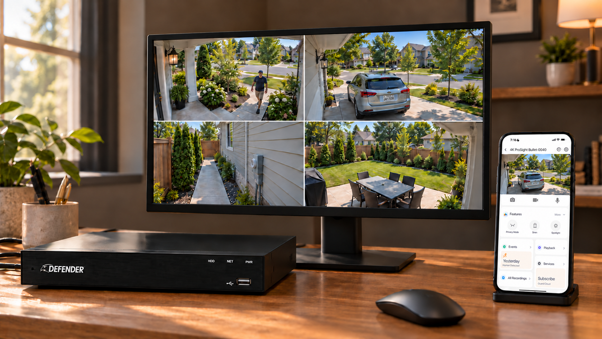 Defender ProSight NVR on a desk with an HDMI monitor showing live camera views and a phone showing the same view in the Defender Guard app