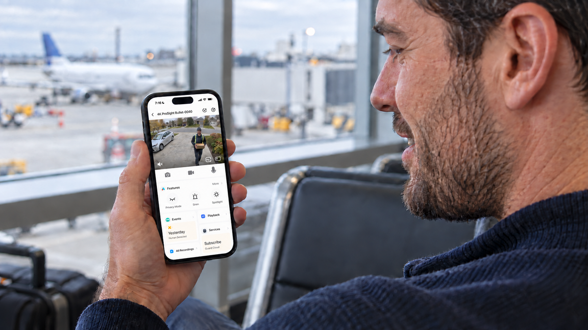Traveler holding a normally proportioned iPhone with the Defender Guard app open, showing the visitor at his door
