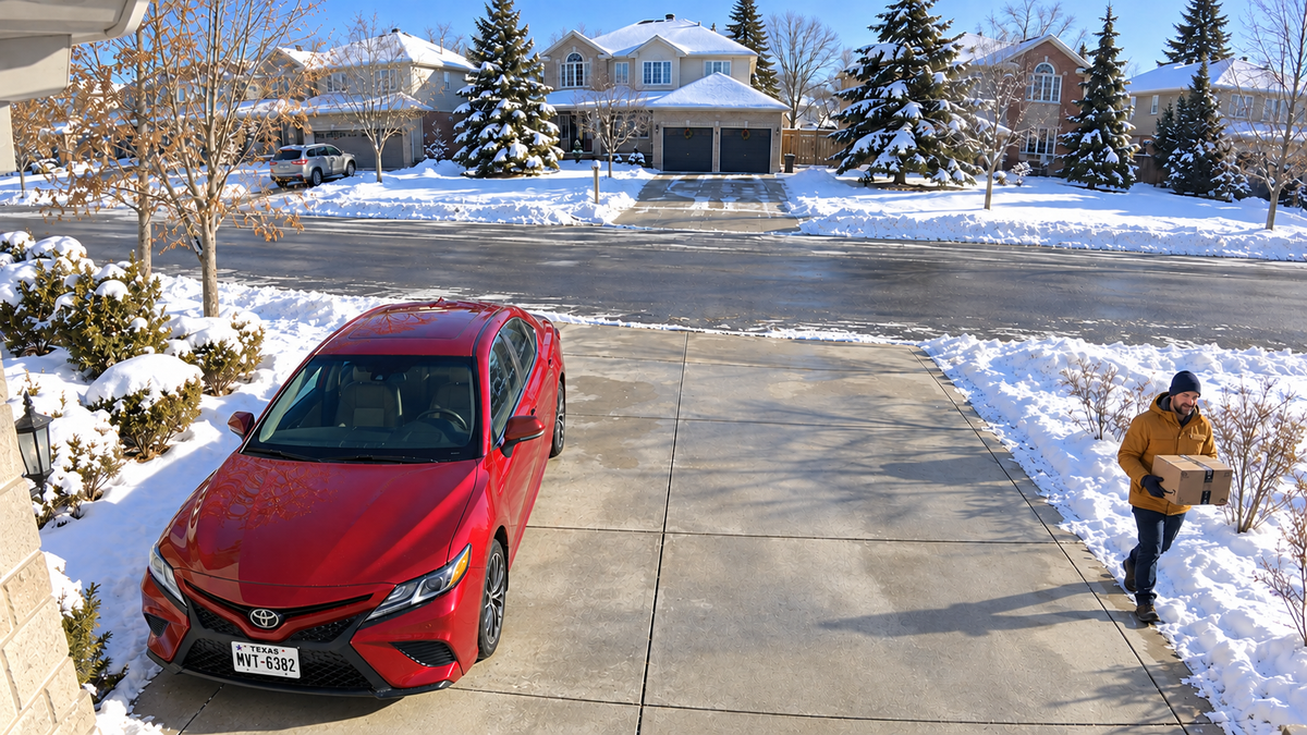 outward driveway view with Texas license plates and an approaching delivery visitor on the far-right front walk.