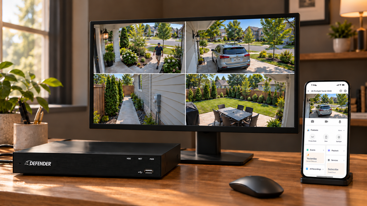 Defender ProSight NVR on a desk with an HDMI monitor showing live camera views and a phone showing the same view in the Defender Guard app