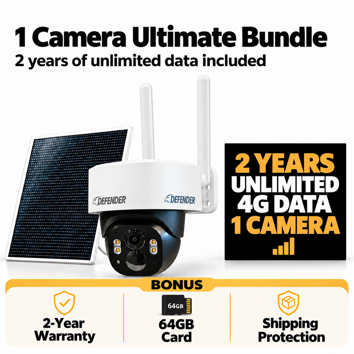 1 Camera Ultimate Bundle with 1 Frontier camera, solar panel and two-year US data plan; BONUS warranty, microSD storage and shipping protection
