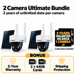 2 Camera Ultimate Bundle with 2 Frontier cameras, solar panels and two-year US data plans; BONUS warranty, microSD storage and shipping protection