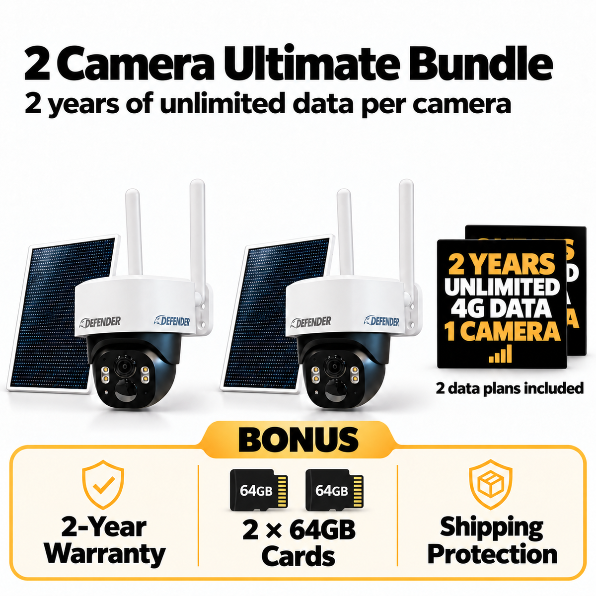 2 Camera Ultimate Bundle with 2 Frontier cameras, solar panels and two-year US data plans; BONUS warranty, microSD storage and shipping protection