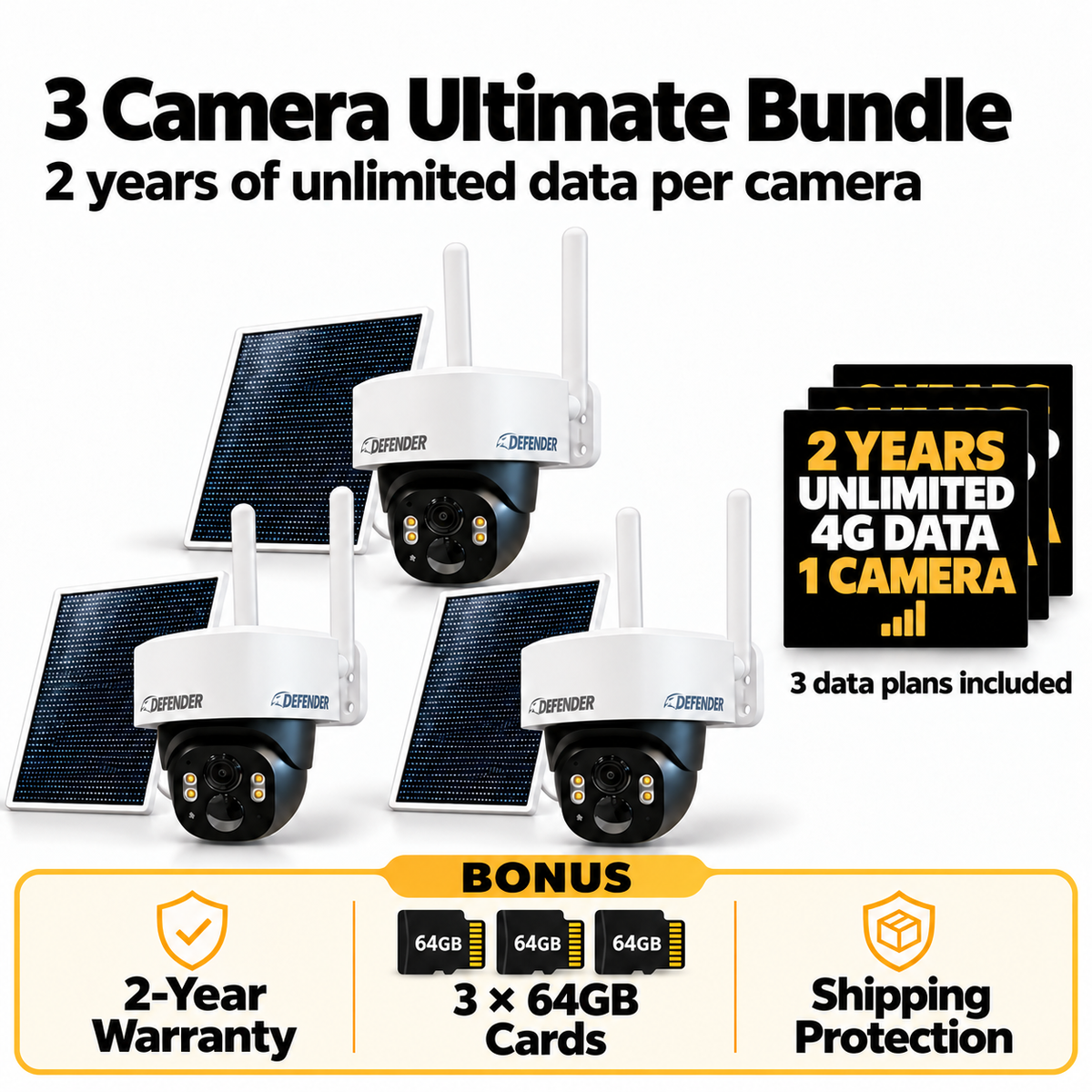 3 Camera Ultimate Bundle with 3 Frontier cameras, solar panels and two-year US data plans; BONUS warranty, microSD storage and shipping protection