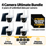 4 Camera Ultimate Bundle with 4 Frontier cameras, solar panels and two-year US data plans; BONUS warranty, microSD storage and shipping protection