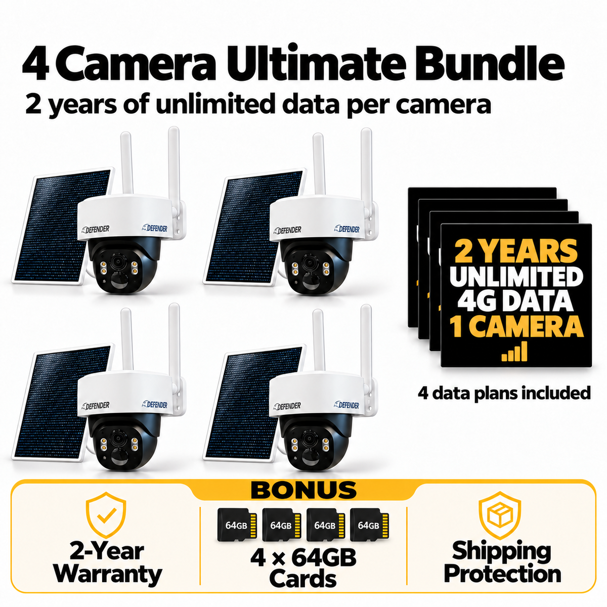 4 Camera Ultimate Bundle with 4 Frontier cameras, solar panels and two-year US data plans; BONUS warranty, microSD storage and shipping protection
