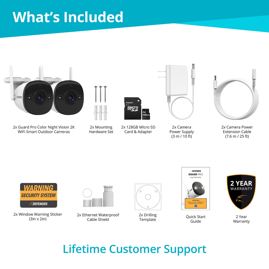 EXCLUSIVE BUNDLE: Guard Pro 2K WiFi. Plug-In  Power Security Camera, 2 Pack, 2 128GB SD Cards