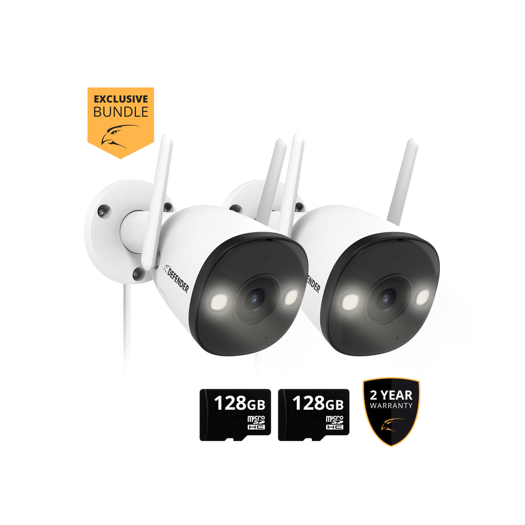 EXCLUSIVE BUNDLE: Guard Pro 2K WiFi. Plug-In  Power Security Camera, 2 Pack, 2 128GB SD Cards