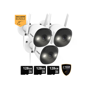EXCLUSIVE BUNDLE: Guard Pro 2K WiFi. Plug-In  Power Security Camera, 3 Pack, 3 128GB SD Cards