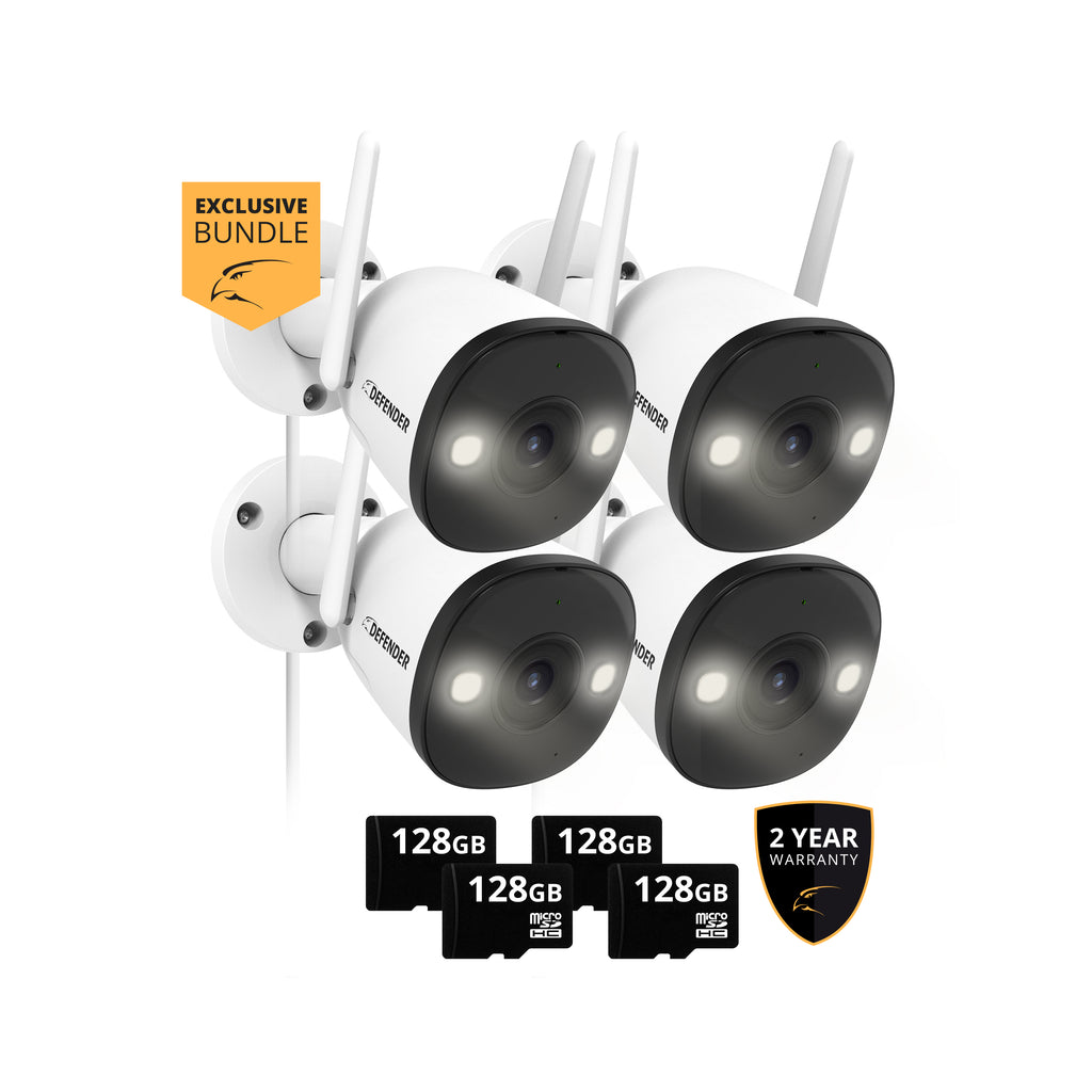 EXCLUSIVE BUNDLE: Guard Pro 2K WiFi. Plug-In Power Security Camera, 4 Pack, 4 128GB SD Cards