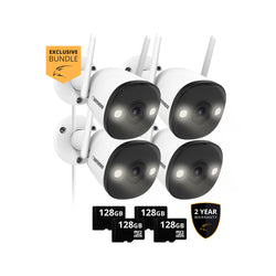 EXCLUSIVE BUNDLE: Guard Pro 2K WiFi. Plug-In Power Security Camera, 4 Pack, 4 128GB SD Cards